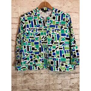 N Touch Artsy Shacket Top‎ Womens Petite XL Turquoise Art To Wear Mosaic Button